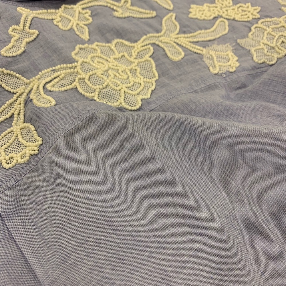 Designer Chambray Linen Handbeaded Button Down To… - image 6